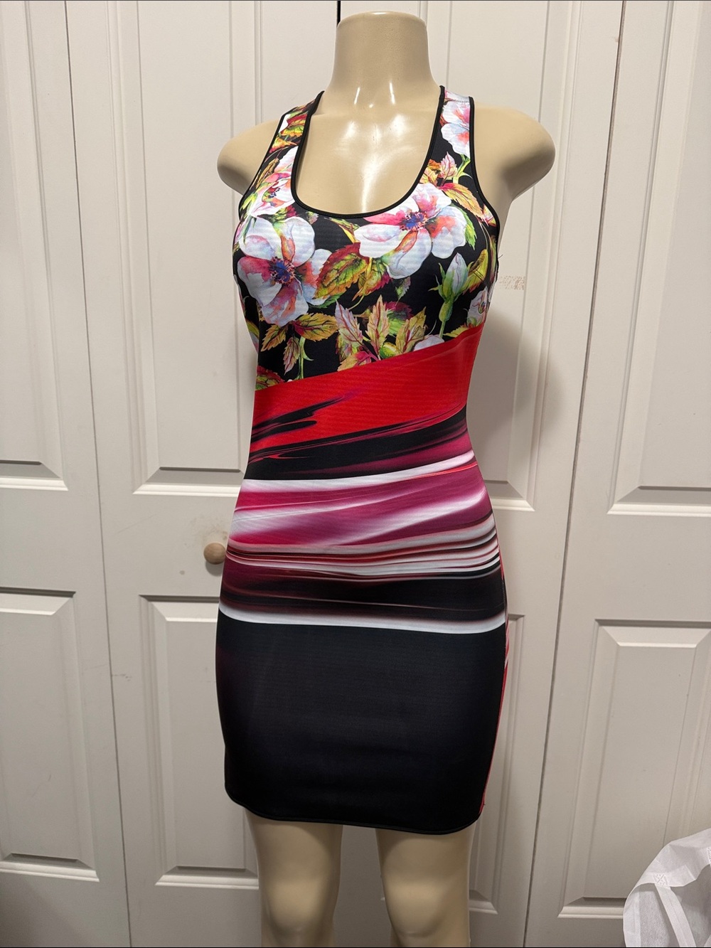 Clover Canyon Floral & Stripe Racerback Swim Top - Black, Red, Pink, Green
